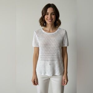 Eddie Bauer White Crochet Open-Knit Mesh Short Sleeve Top - Size Large